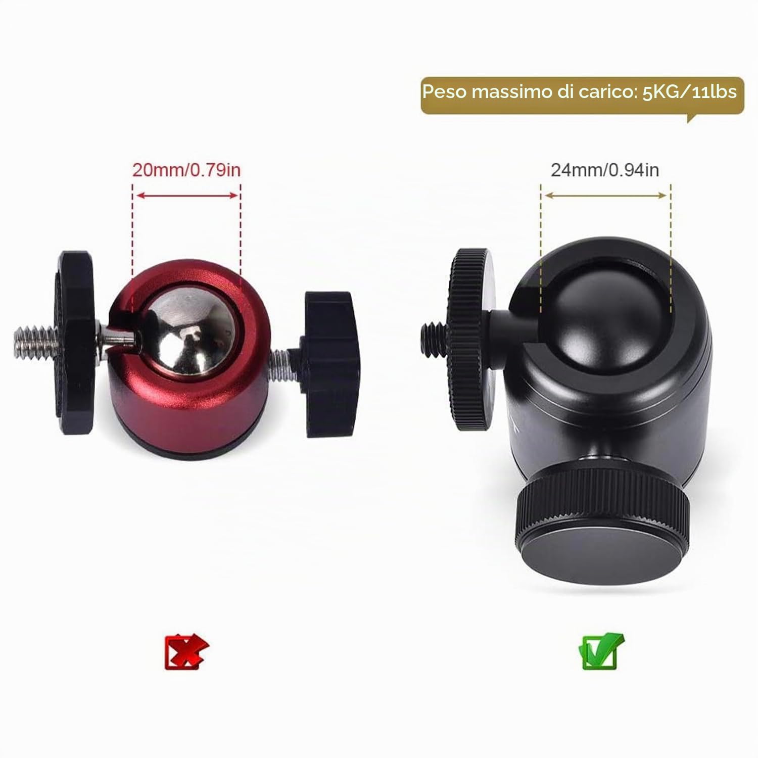 UTEBIT Mini Testa a Sfera per Treppiede 24mm, Rotazione 360°, Vite 1/4", Foro Filettato 3/8", Adattatore Slitta Hot Shoe con Vite 1/4", Max 5kg, per Fotocamere, Treppiedi, Flash