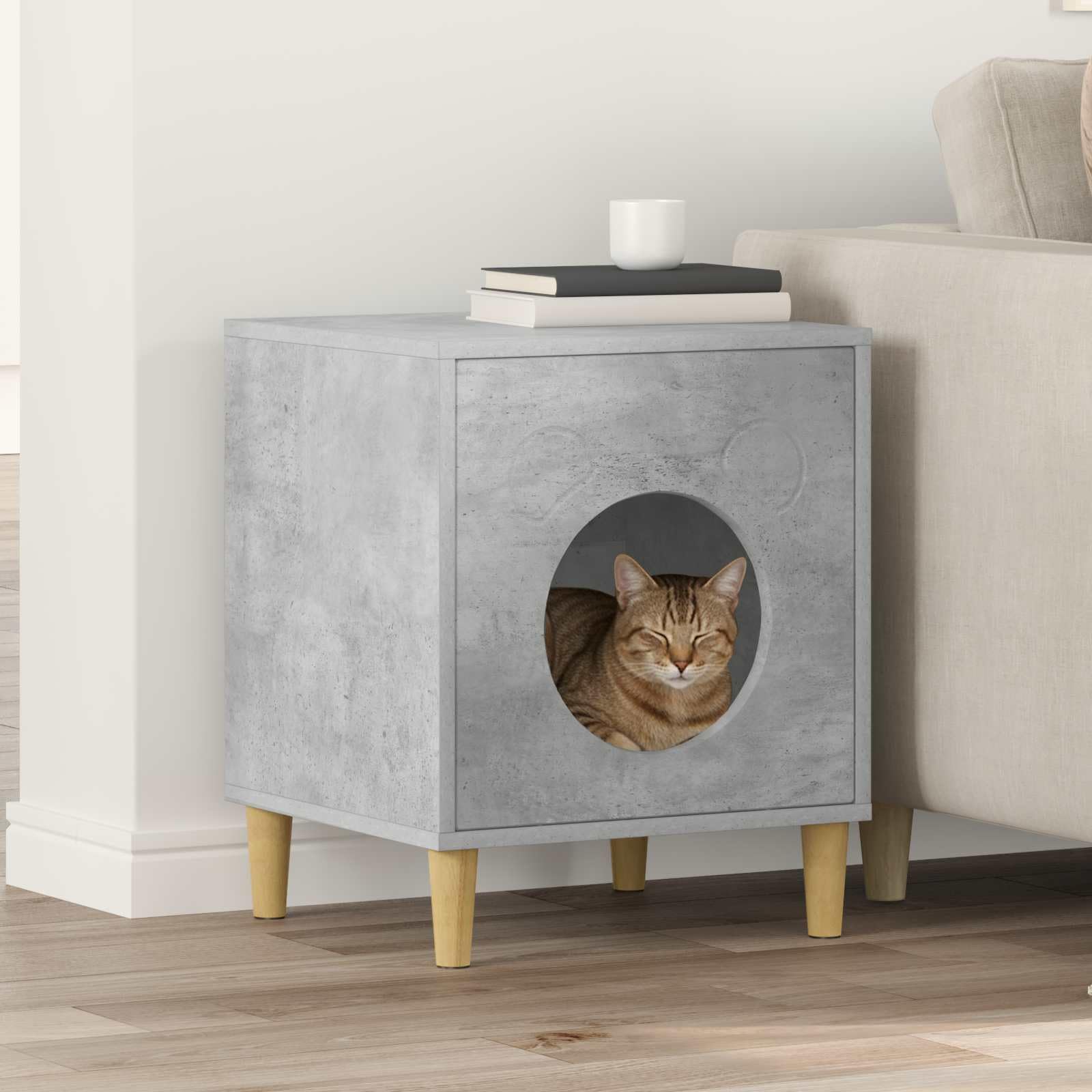 Casa para gatos de hormigón, material de madera, 42,5 x 40 x 53 cm, cueva para gatos con árbol rascador, escalada, juego, construcción estable para salón, balcón, ventana, fácil de limpiar y