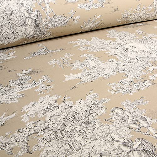 Tissu Toile de Jouy Grande largeur Au fil du temps Beige sable - Par 50 cm