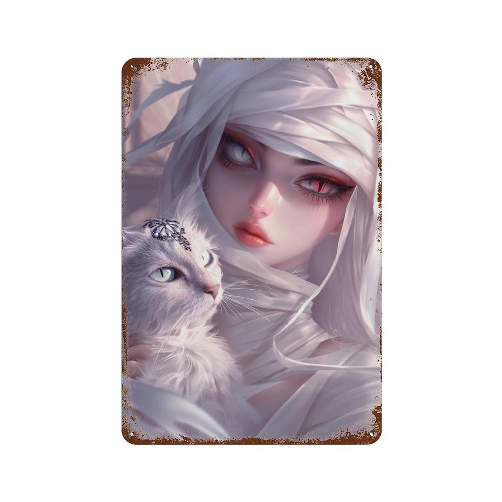 Ethereal White Cat Portrait Vintage Rust Metal Sign 11.8"x7.9", Farmhouse Wall Decor for Garage, Pub Or Kitchen