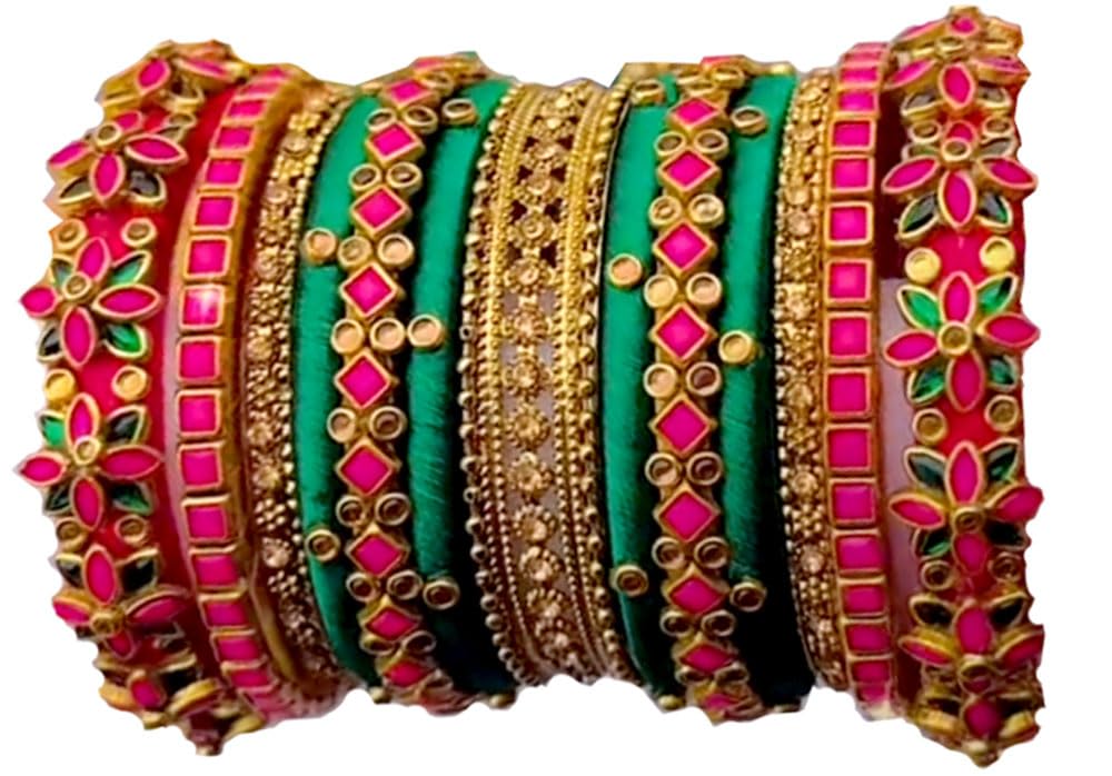 Neta Jewels Silk thread bangles kundan bangles Pink And Green colour for use set of 13 for women/girls-picture-55