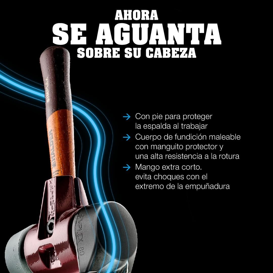 Simplex 3028.282 - Martillo de goma, con base de nailon y carcasa de hierro maleable y mango de madera extra corto de alta calidad, diámetro de 80 mm, mango extra corto