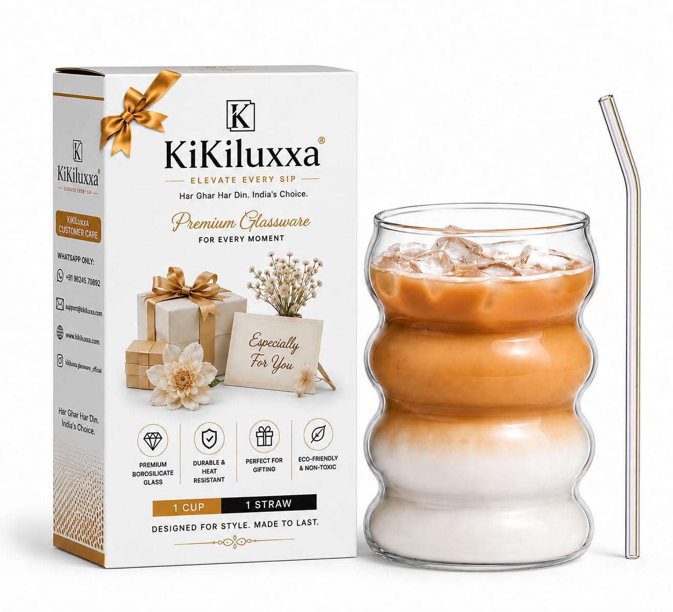 KiKiluxxa Round Wave Looked Glass//Steel Straw Cola Mug Can Coffee Sipper with Straw-530ml-Pack of 1- Milk Cup -Juice Green Tea Tumbler (SZubelin lCan 1)