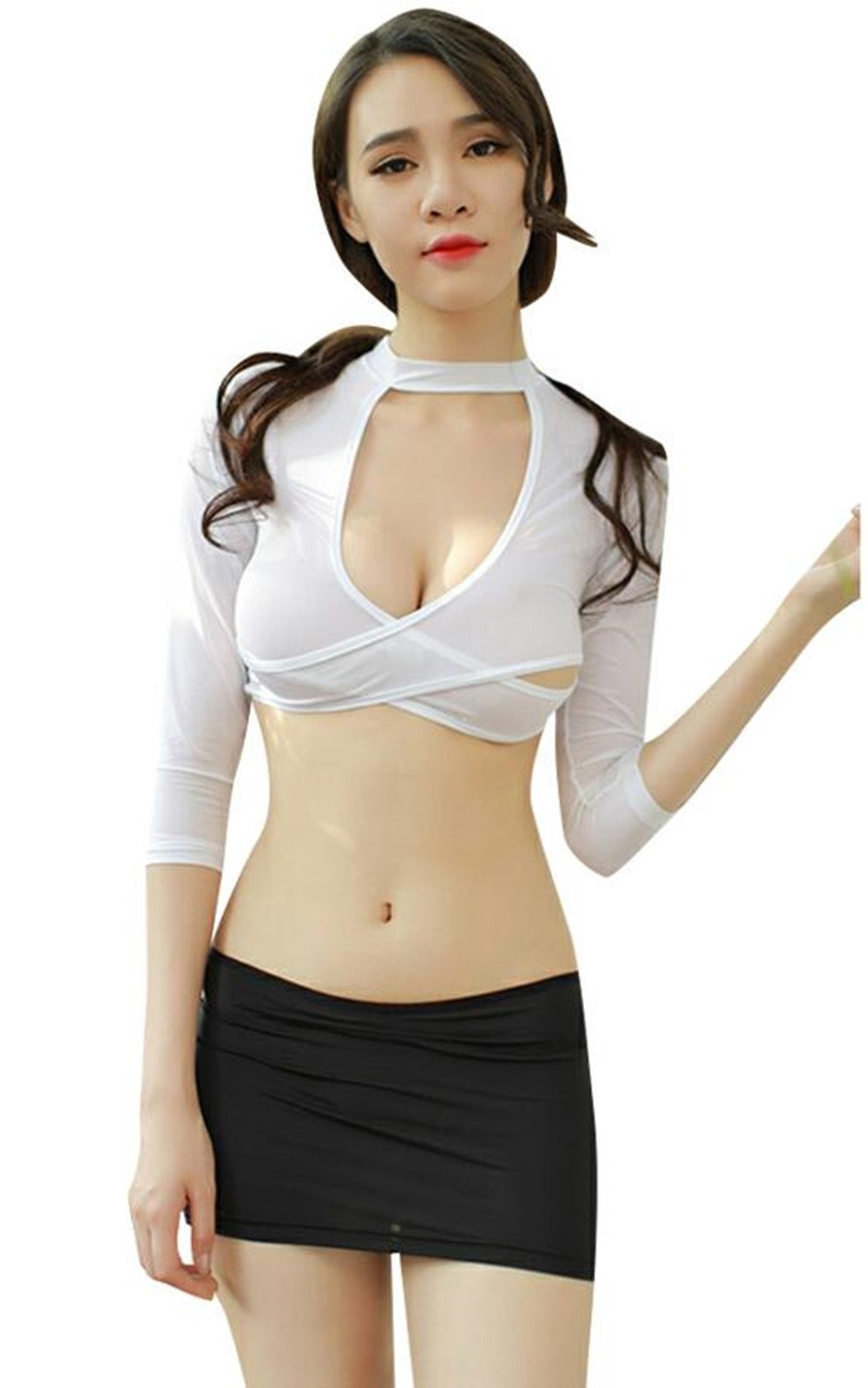 Women Sexy Plus Size Secretary Uniform Cosplay Costume Blouse Set (M, Black + White)