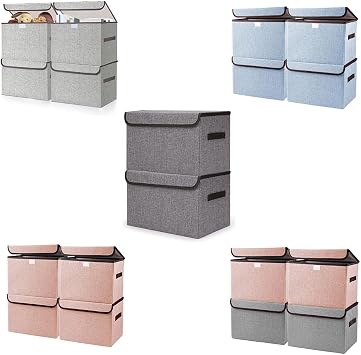 Bagnizer Large 42 Quarts Fabric Storage Bins with Lids+Gray/Light Gray/Pink/Blue Large 22 Quart Linen Fabric Foldable Storage Bin