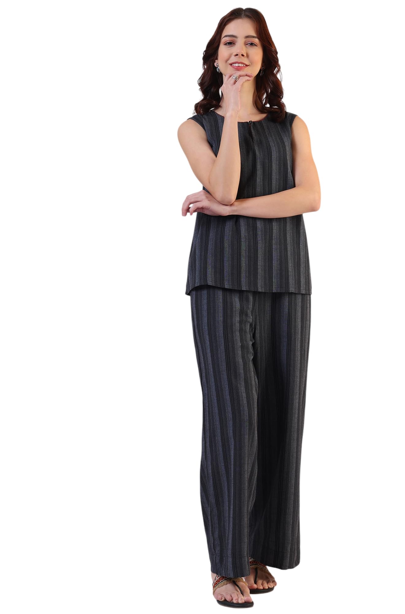 Black Yarn Dyed Striped Sleeveless Top and Pants Co-ord Set