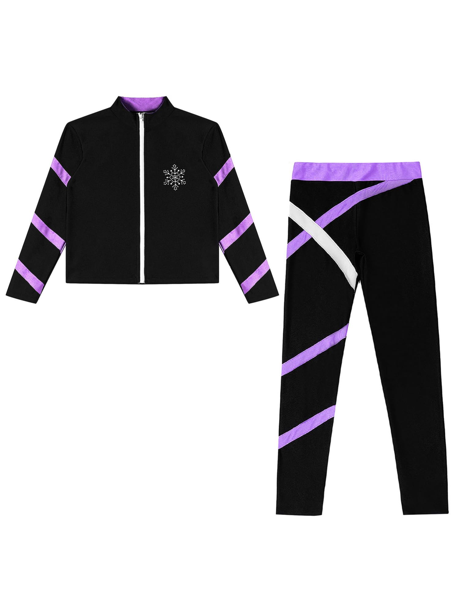 CHICTRY Eiskunstlauf Trainingsanzug Mädchen Thermo Jacke Glitzer Strass Sportjacke Langarm Mit Streifen Patchwork Eislaufhose Tanzhose Wettbewerb Tanzkostüm Helles Lila 134-140