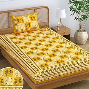 SheetKart 144 TC Cotton Single Bedsheet Floral Printed Jaipuri Bed Sheet with 1 Pillow Cover, Pebble Yellow