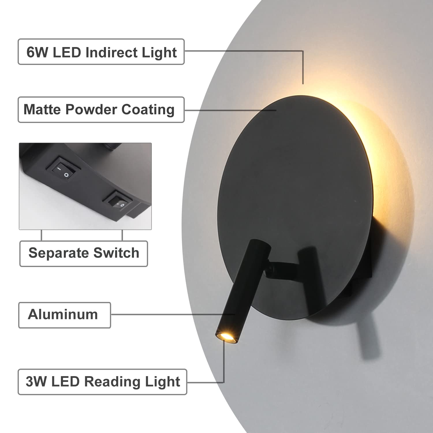 DAWALIGHT Lampada da Lettura a Muro Nero 6W + 3W Applique da Lettura Regolabile con LED 3000K Bianco caldo Moderna Applique da Parete per Libro Comodino Camper Interni