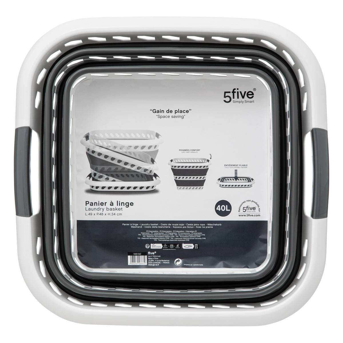 5five - Corbeille à Linge Pliable 40L - 2 Poignées Confortables - Panier à Linge Rétractable - Grande Capacité - Gris et Blanc