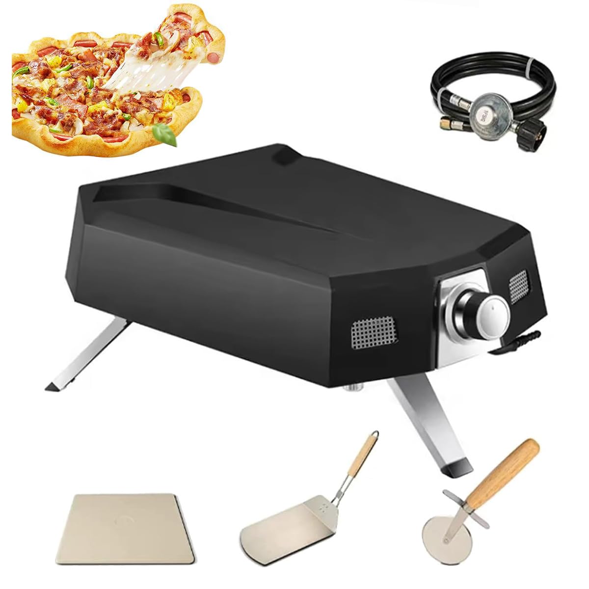 Horno de pizza de gas comercial, uso en interiores y exteriores con soporte y piedra para pizza, ideal para el hogar, restaurante, patio trasero y camping