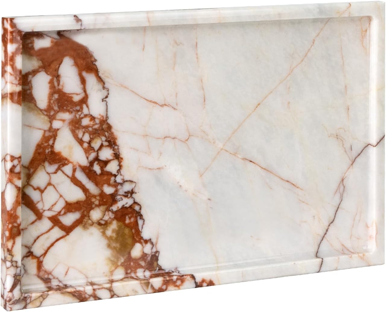 MAONAME Natural Marble Tray, Vanity Decorative Tray, Rectangle Bathroom Storage Tray, Stone Countertop Organizer Tray for Jewerly, Cosmetic 12"x 8" 12" x 8" x 0.7" Red