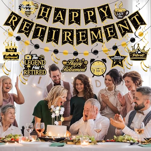 Image of Happy Retirement Party Decorations Kit Black Gold Retirement Banner Hanging Swirls and Honeycomb Balls Retirements Party Supplies for Farewell Goodbye Retirements Going Away Party Decorations