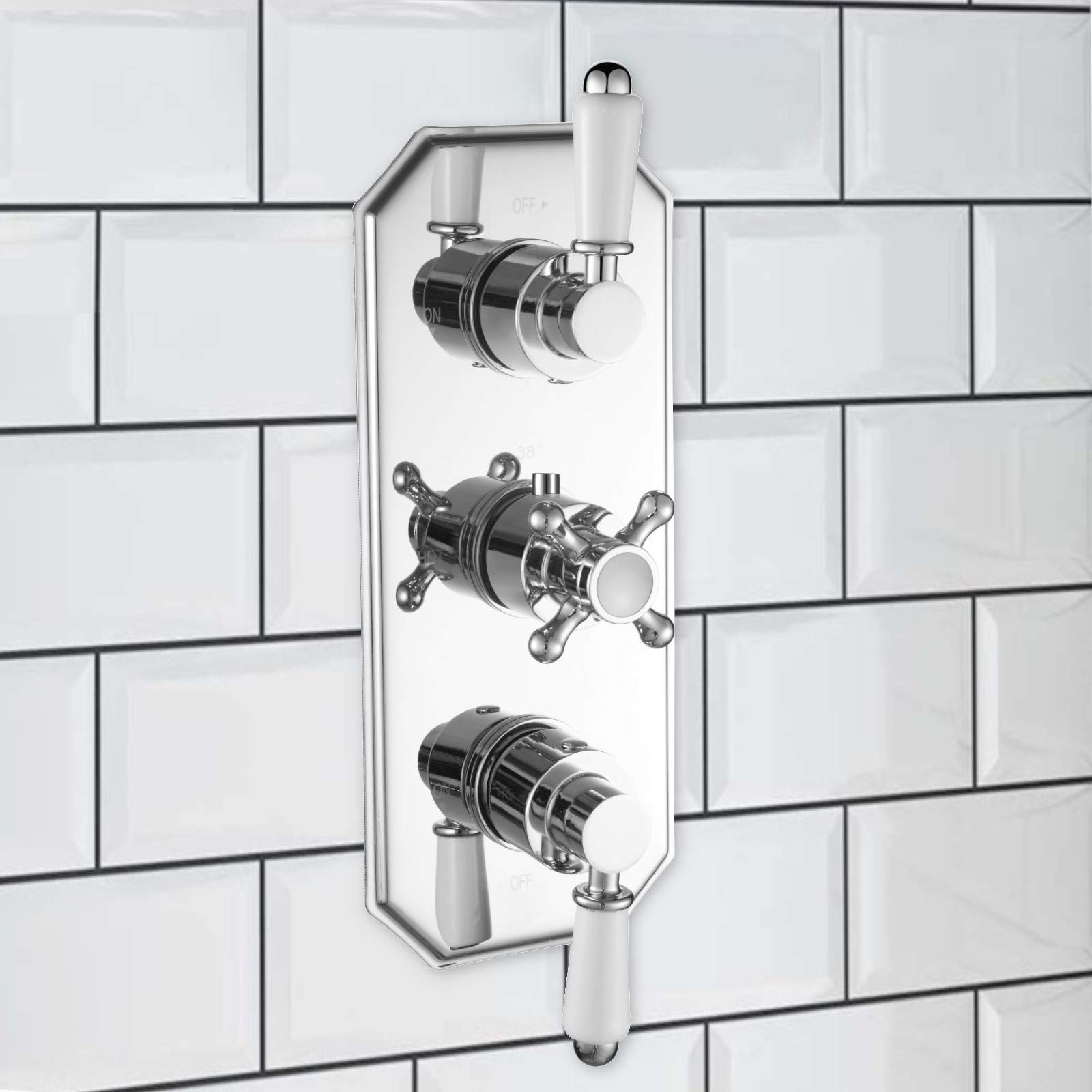 Enki Chrome And White Regent, Tsv071, Chrome Concealed Thermostatic Shower Mixer Valve For Bathrooms, Triple Control Diverter Valve For Three Outlets, Traditional Victorian Style