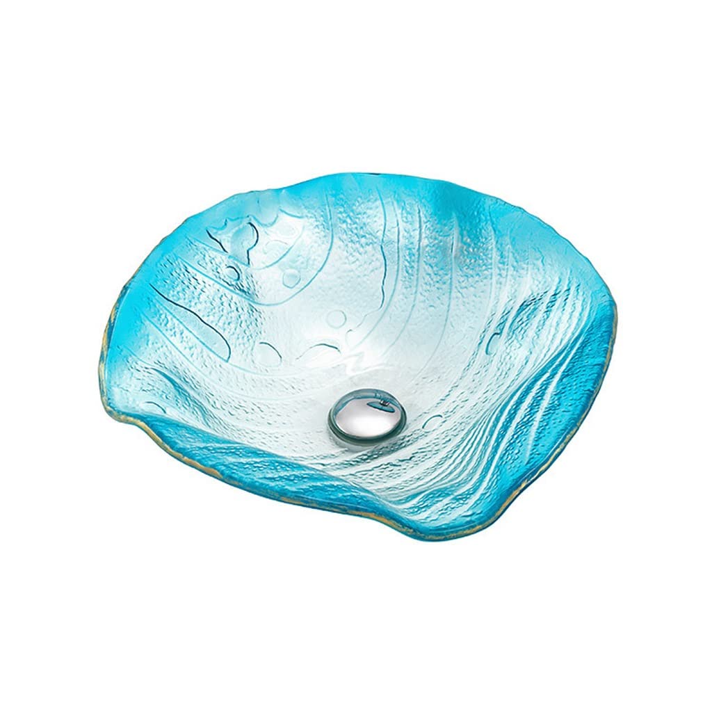 ADERFETBI Bathroom Sink Bathroom Vessel Sink Countertop Tempered Glass Hand Painted Waterfall Spout Basin Blue(Sink only)