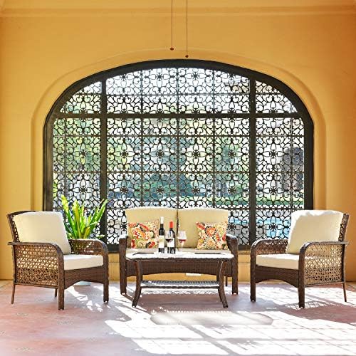 ovios Patio Furniture,4 Piece Wicker Outdoor Furniture Set,PE Rattan Patio Set with Water-Proof Cushion,Include 2 Pillow and Cover.Garden,Backyard,Brown,Beige (Brown)