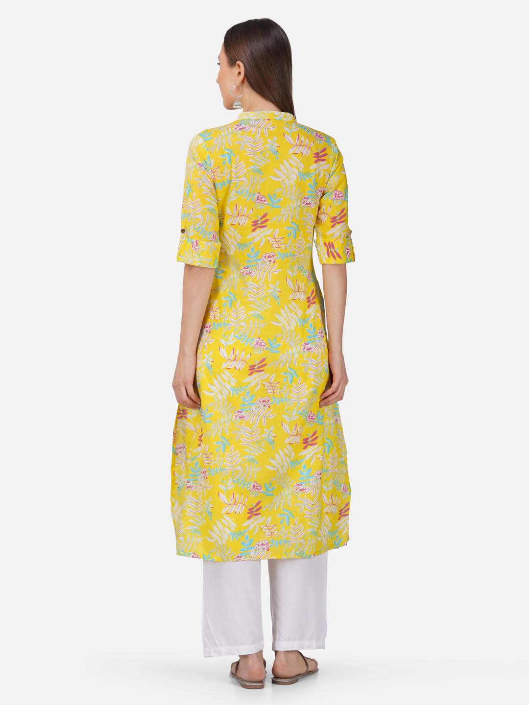 Rytras Women's Printed A-Line Kurta(Yellow-1,L)