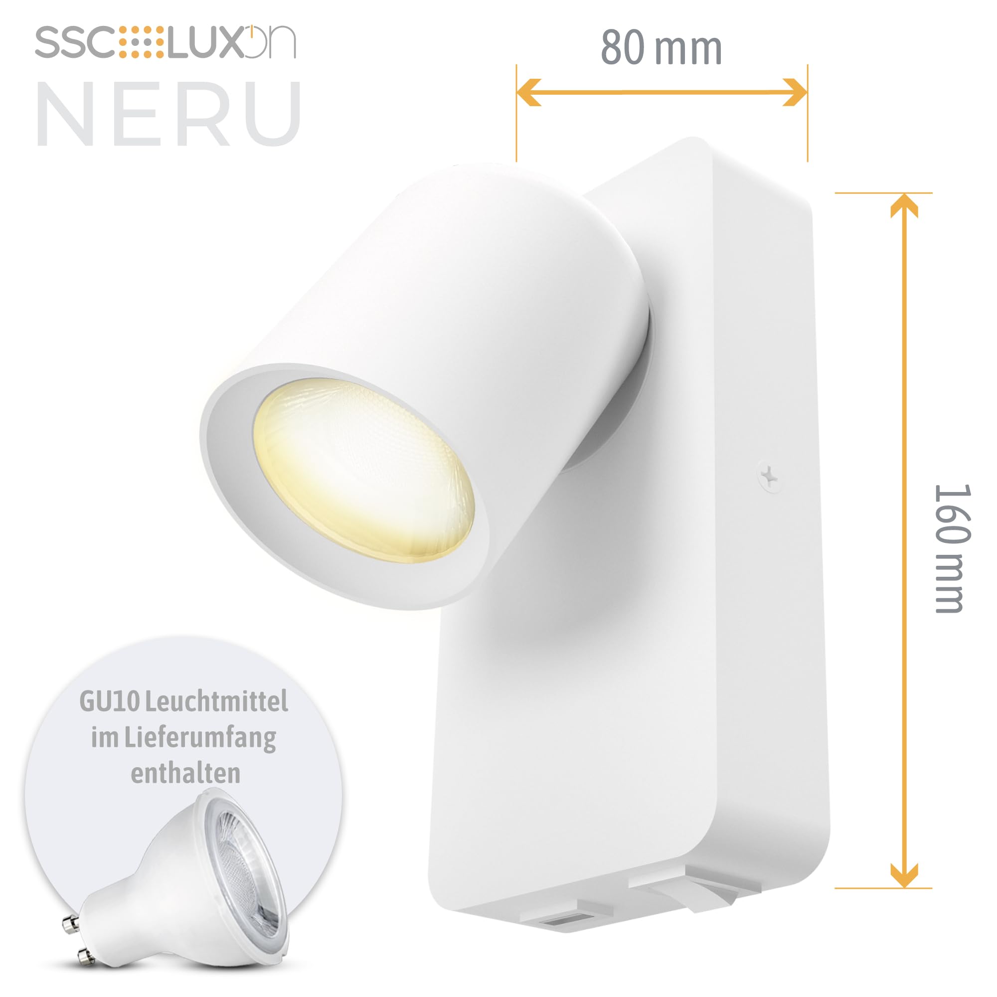 SSC-LUXon NERU Design Nachttischlampe 2 Stück weiß - Wandlampe innen inkl. USB, Schalter & LED GU10 Lampe dimmbar ohne Dimmer