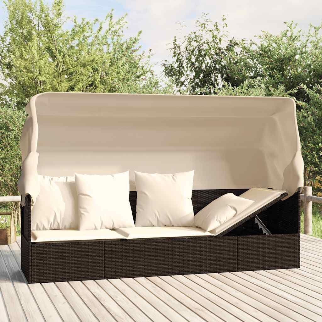 Lettino da esterno in polyrattan marrone con tettuccio parasole pieghevole, seduta e schienale imbottiti, regolabile, ergonomico, per giardino, terrazza, balcone, resistente alle intemperie