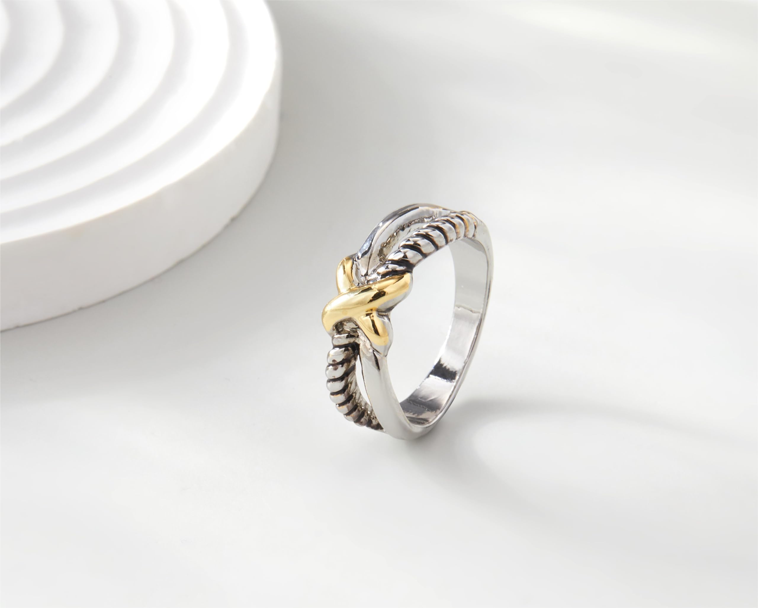 Anillos de banda gruesa para mujer, 2 tonos, entrelazados, anillo de declaración, hilo de cable trenzado ancho, dedo índice, anillo dorado y plateado, regalo de joyería para ella, Cobre, Sin 5