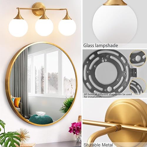 Miniatura 4 de Lámparas doradas para baño, iluminación moderna sobre espejo, aplique de pared de latón cepillado de mediados de siglo, 3 luces con pantallas de