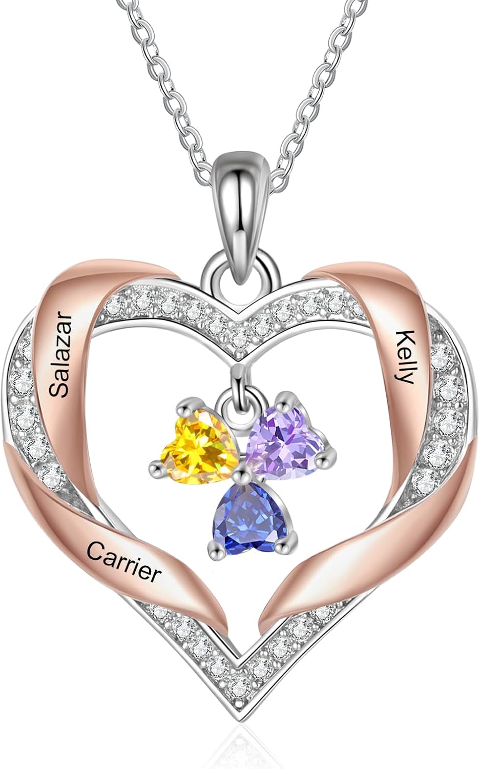 Lam Hub Fong ​Personalized Name Necklace for Women with Birthstone - Custom Silver Rose Gold Heart Charm Necklace Gift for Mom, Daughter, Wife, Mother's Day Christmas Valentines Keepsake Jewelry​