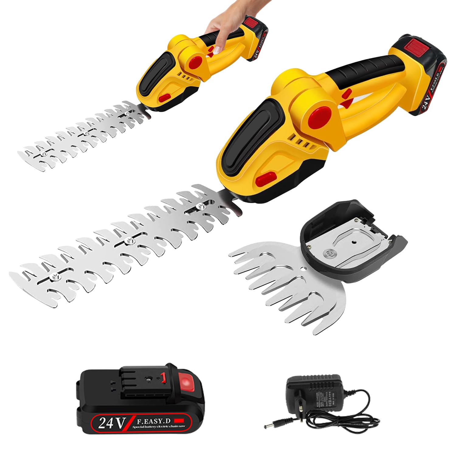 2 en 1 Taille Haie Electrique sans Fil, 24V Cisaille à Gazon sur Batterie Rechargeable Coupe Bordure sans Fil avec Batterie 1500mAh pour Arbustes, Jardin, Gazon, Pelouse