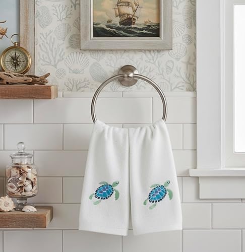 Miniatura 6 de Serafina Home Toallas de baño para dedos con tortugas: toallas de verano náuticas suaves y absorbentes para invitados con decoración de tortuga azul