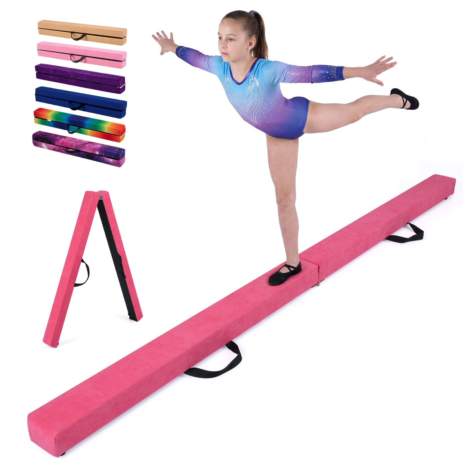 COSTWAY Trave Ginnastica Artistica per Casa 210/240/270 cm, Trave Pieghevole per Bambini con Maniglia, Base in Legno e Fondo Antiscivolo, Trave di Equilibrio da Pavimento