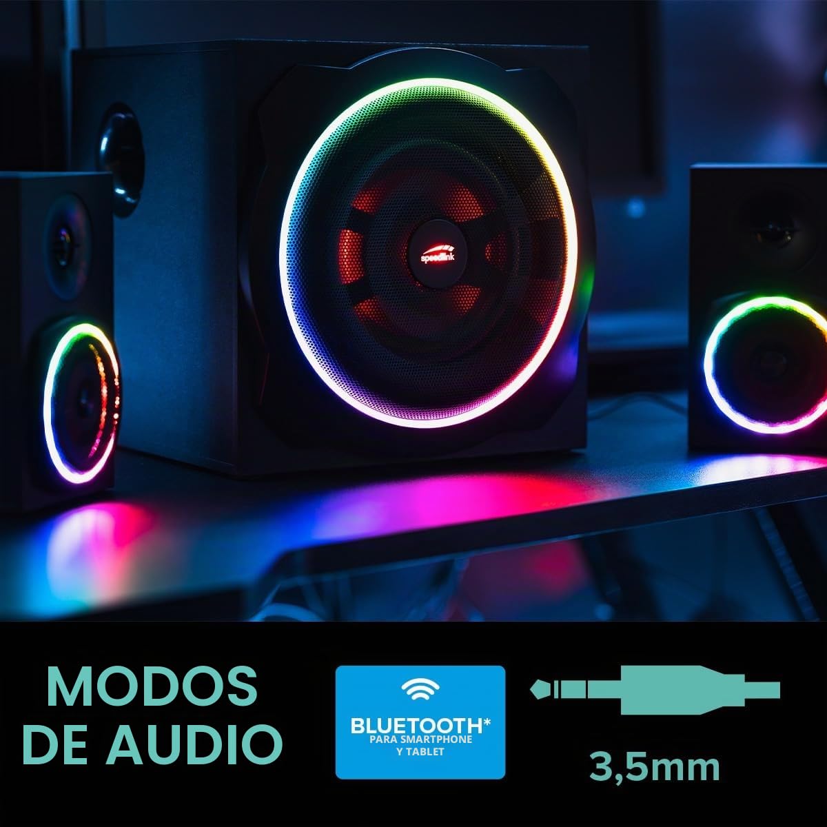 Speedlink Gravity Carbon RGB Speaker 2.1 con Subwoofer, 120W, Bluetooth | Conexión Bluetooth y jack 3,5 mm, Sistema de altavoces para PC gaming, portátil, smartphone y tablet, negro