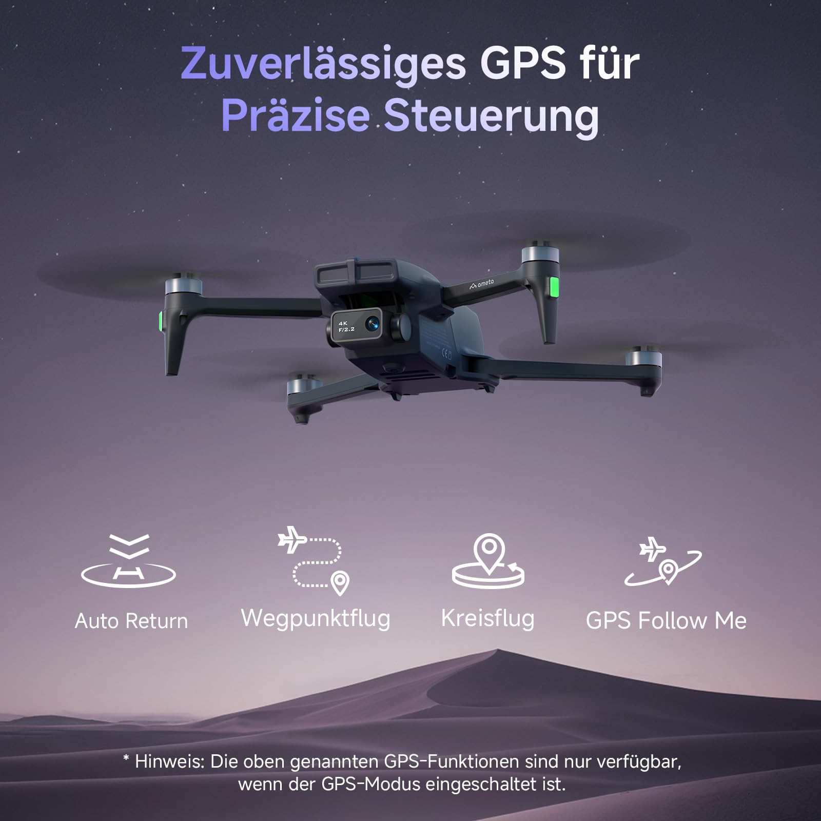 Ameta Drohne mit Kamera 4K und GPS, S20 Pro Drone für Kinder und Erwachsene mit Auto Return/ 50 Minuten Flugzeit/Follow Me/Intelligenter Modus/Gestensteuerung, RC Quadrocopter Unter 249g