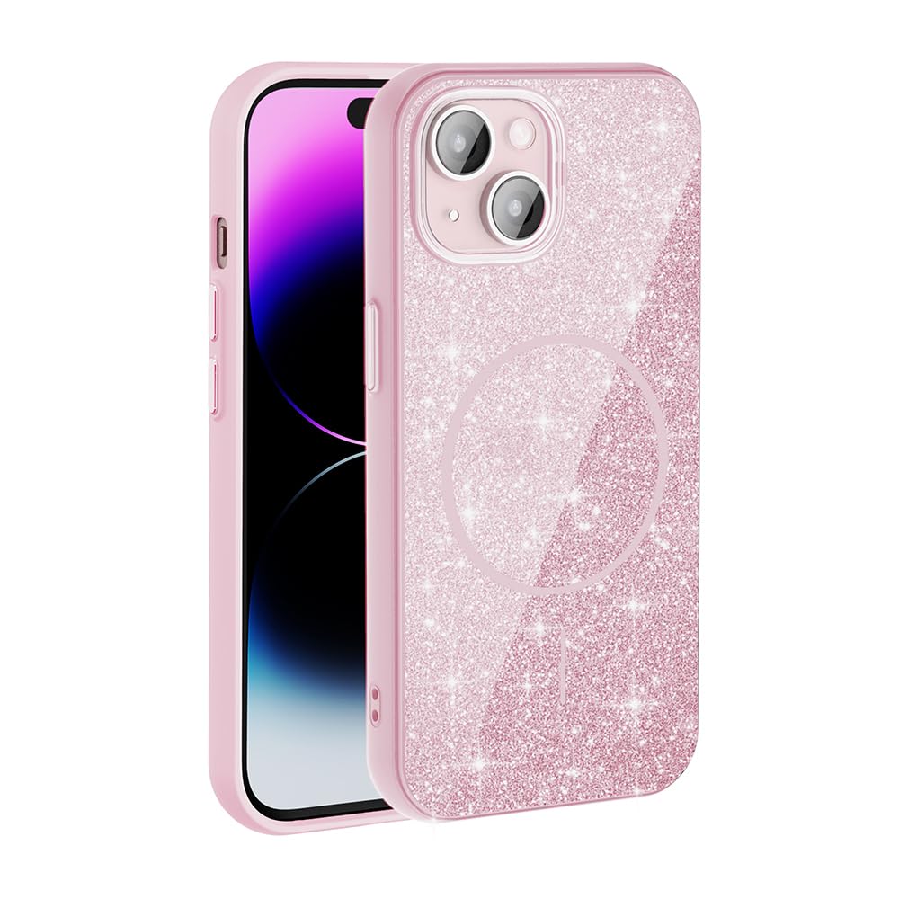 Zore Apple için uyumlu iPhone 15 Kılıf M-safe Şarj Özellikli Parlayan Simli Zore Okso Kapak Pembe