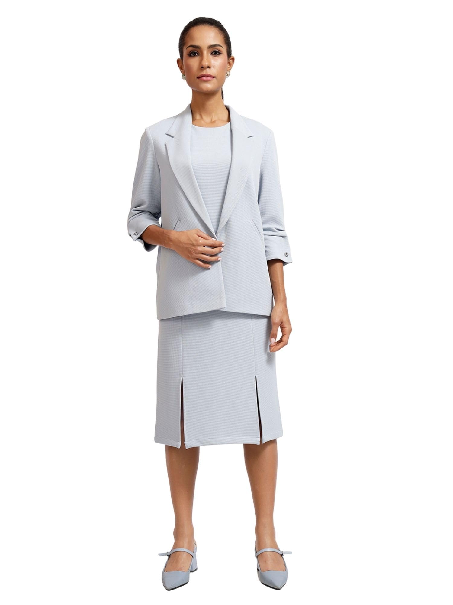 Women's Blue Textured Stretch Fabric Jacket with Cufflink Detail | Full Sleeves | Smart Casual & Office Wear Blazer-picture-28