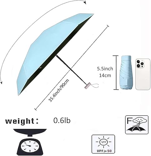 Miniatura 2 de Mini paraguas para viajes, paraguas pequeño para bolso con funda, protección UV compacta, paraguas plegable para sol y lluvia al aire libre para