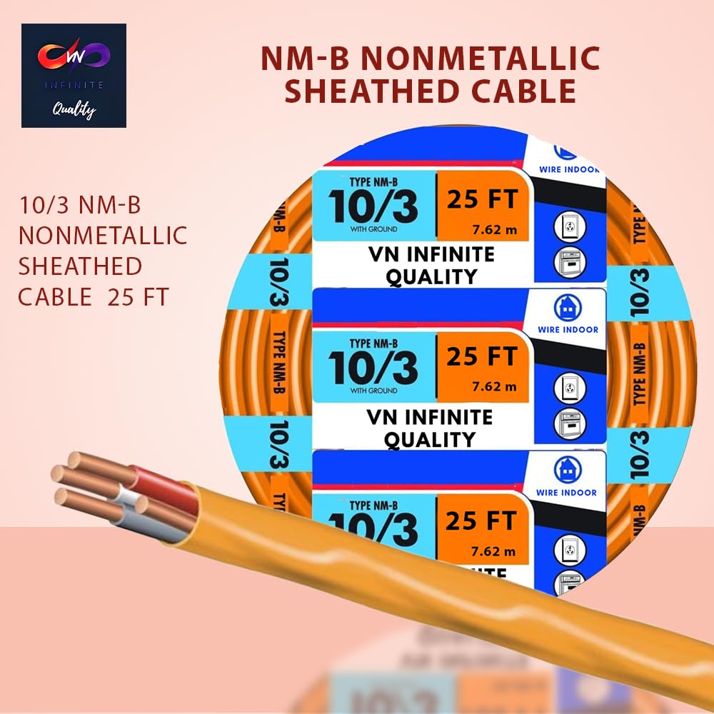 VN Infinite quality 10/3 NM-B Sheathed Cable - Non-Mettalic with Ground Residential Indoor Electrical Wire Type NM-B Orange (25 Ft)