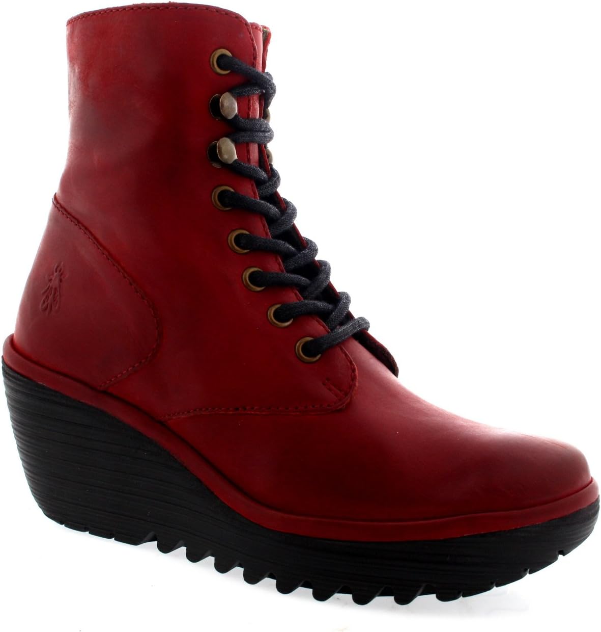 FLY London Womens Ygot Nevada Leather Wedge Heels Lace Up Ankle Boots - Red - 7