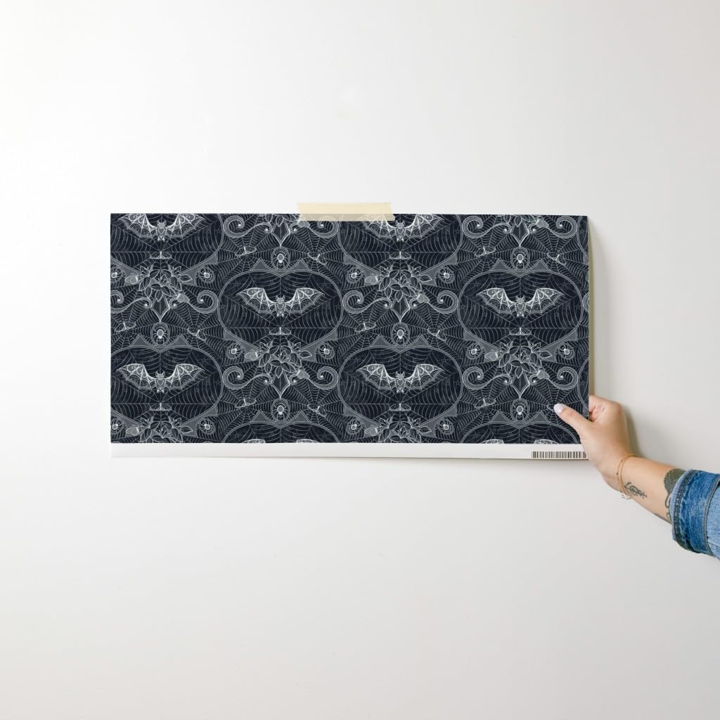 Spoonflower Removable Wallpaper Swatch - Gothic Damask Lace Bats Black Goth Halloween Custom Pre-Pasted Wallpaper