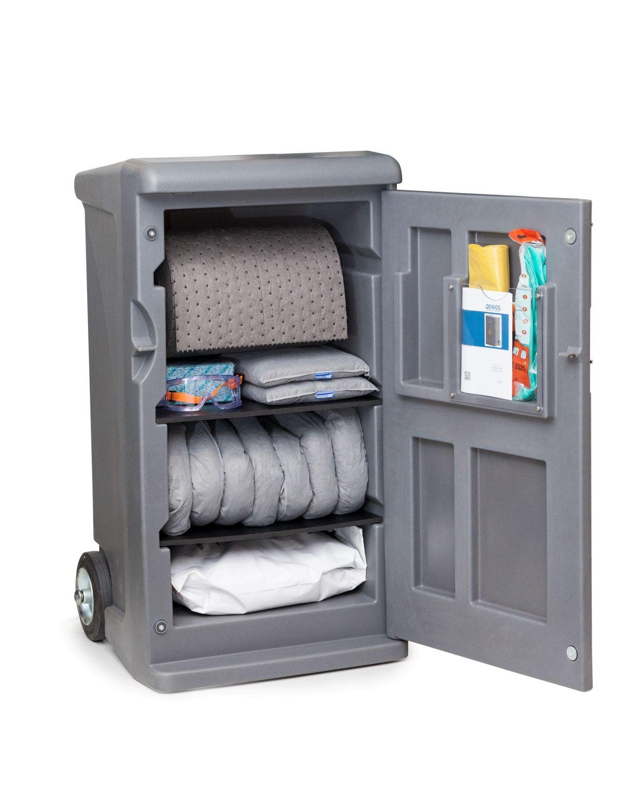 DENSORB Notfall-Set im Caddy, Mit Universalbindemittel, Inkl. Rolle, Schlangen, Kissen und Granulat, Bindevlies für die Aufnahme aller Arten von Flüssigkeiten, 59 x 109 cm, Grau, 50-teilig