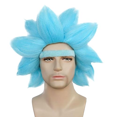 Miniatura 2 de JoneTing Peluca corta azul con puntas + gorra de pelo + Unibrow Pelucas cortas con púas azules para hombres, peluca de cosplay azulada, pelucas