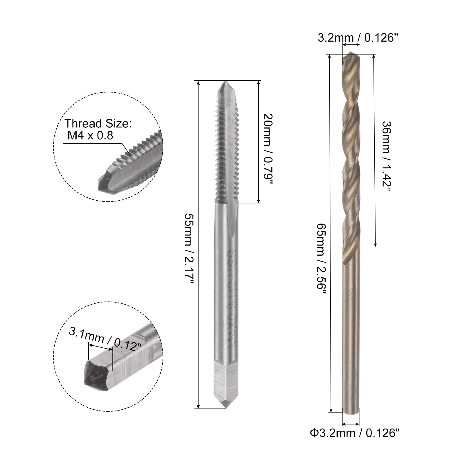 Taraud Et Embout M4 X 0.8 H2 En Cobalt M35 - Pour Filetage - Marque Uxcell - Neuf