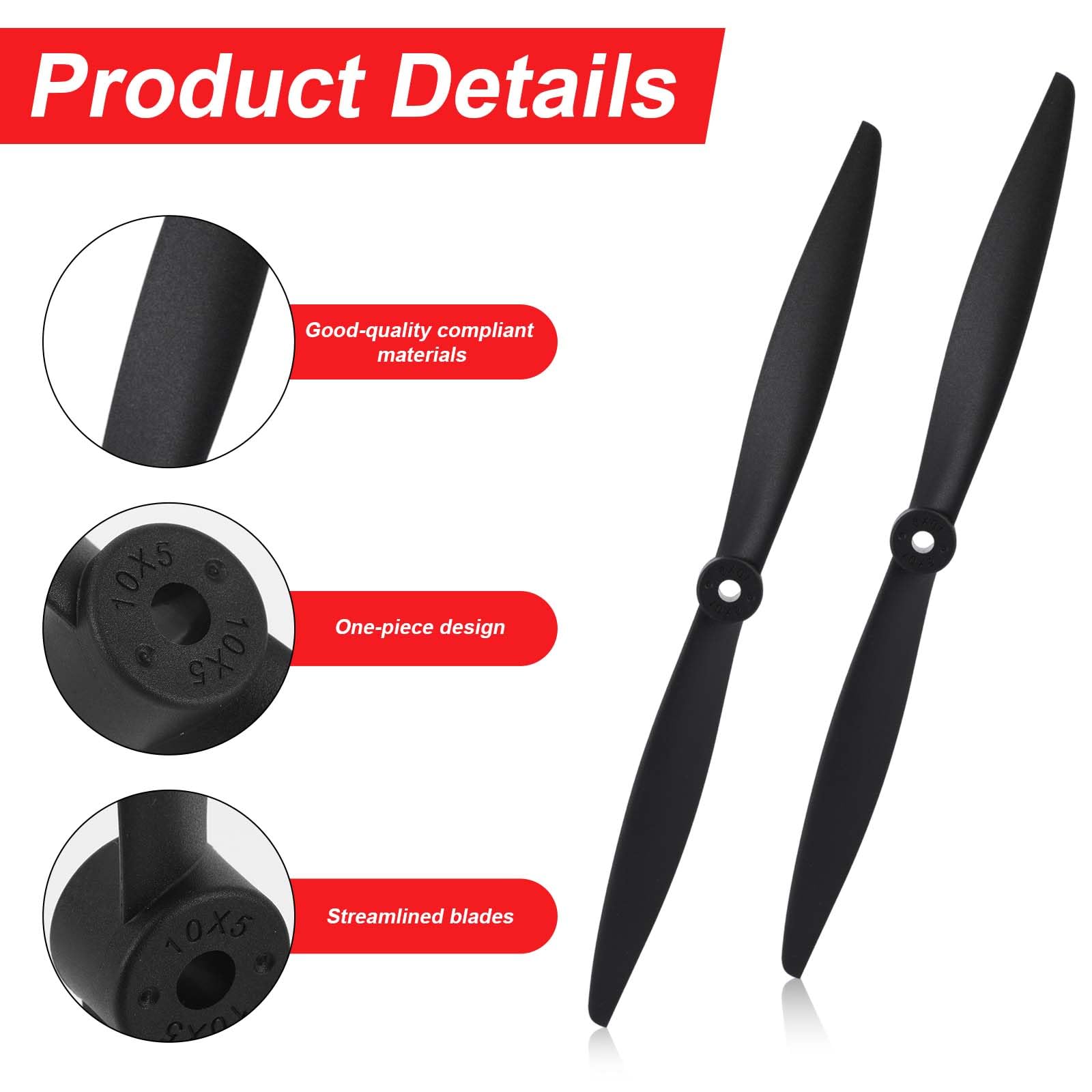 2szt 2-Łopatowy RC Śmigło 10x5 Kompatybilny z FMS 1200mm Super EZ & 1220mm Ranger FMSPROP022, Wysoka Wydajność Plastik Zamiennik Śmigło dla RC Samolot Modele (Czarny)