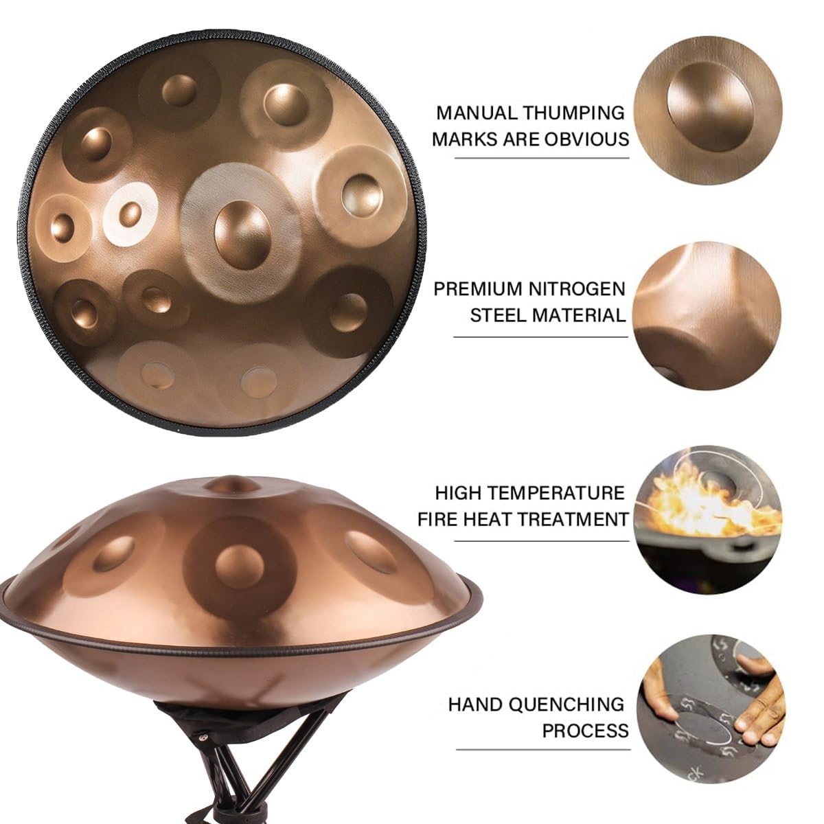 Handpan 432 Hz professionale Tamburo a Mano In Acciaio Da 22 Pollici, 440 Hz Strumento a Tamburo Hand pan Harmonic per Meditazione, Yoga, Guarigione Sonora(Gold,10 Notes/432Hz)