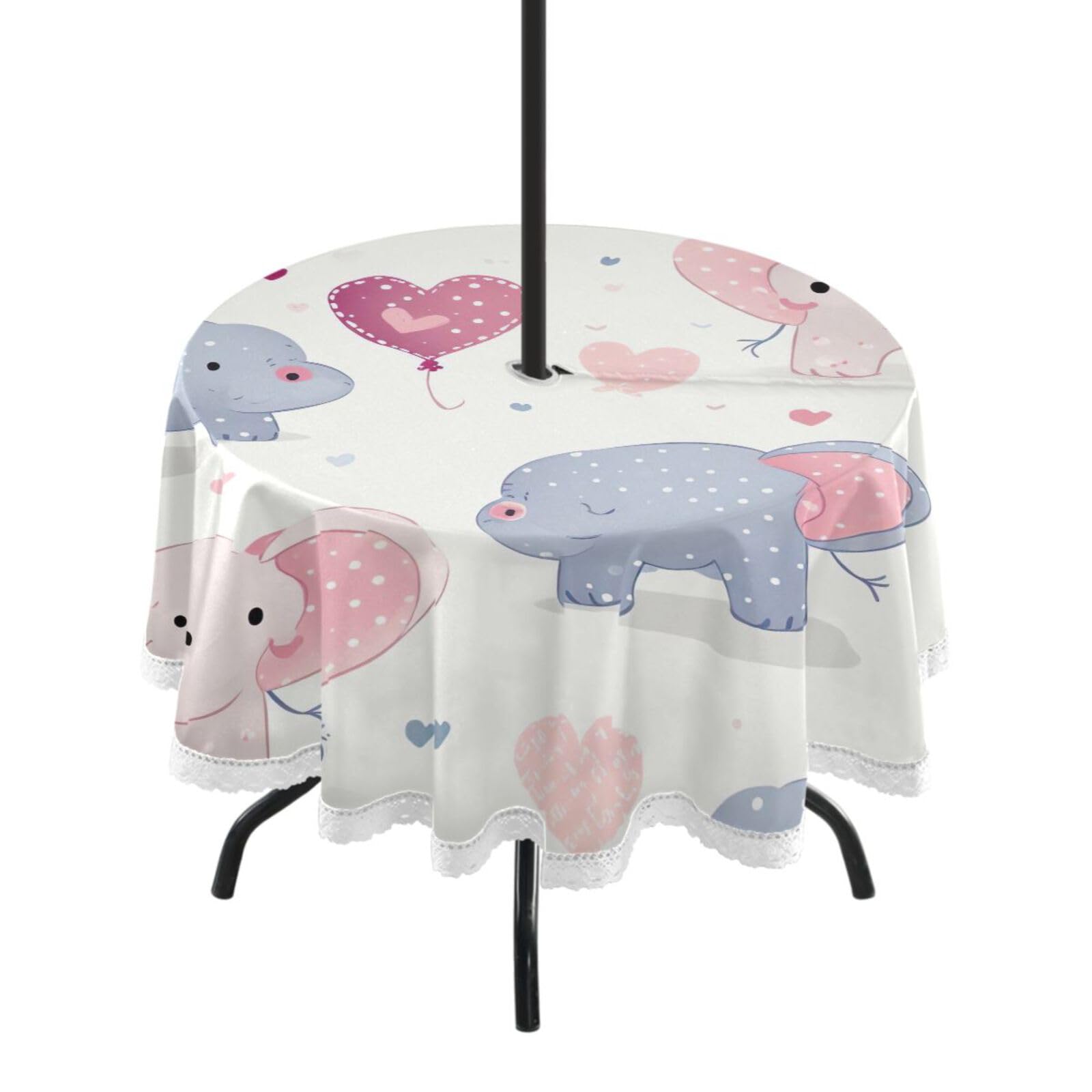 Wajiw 60 Inch Indoor Outdoor Round Tablecloth with Umbrella Hole and Zipper Waterproof Patio Table Cover for Camping Dining Room Party Outdoor Picnic,Elephants
