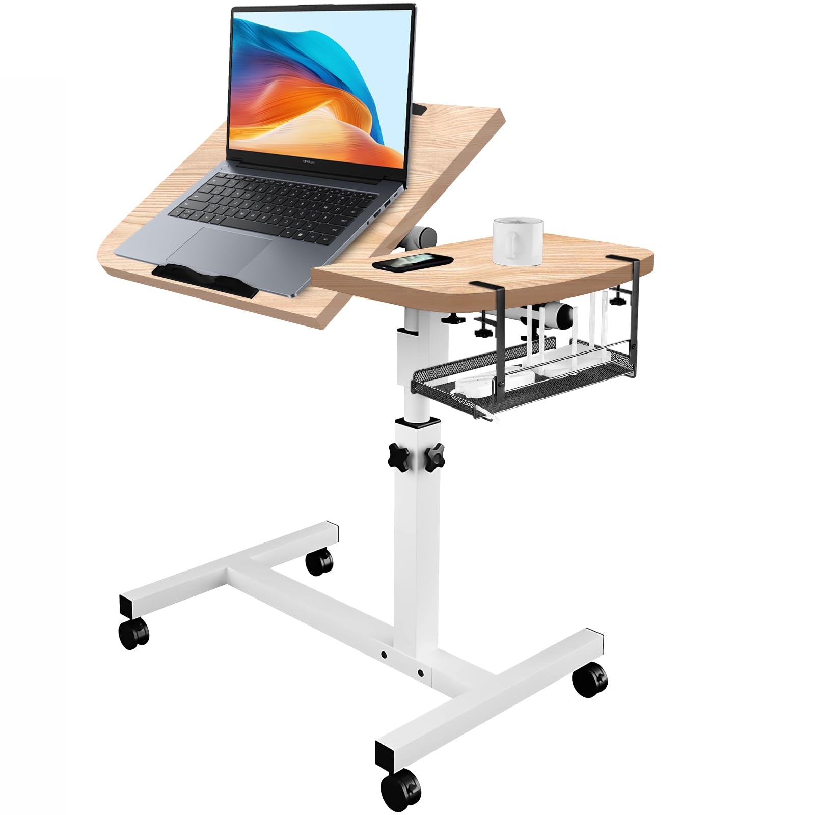 Table de lit réglable pour ordinateur portable avec bureau inclinable, roulettes et panier de rangement amovible, bureau de chevet réglable en hauteur pour bureau à domicile, étude, lecture et