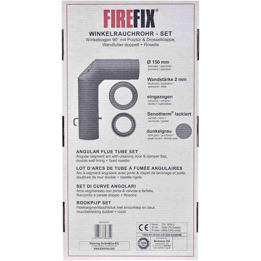 FIREFIX RD150/SET Ofenrohrset aus 2 mm starken Stahl (Winkelrohrset) in 150 mm Durchmesser, für Kaminöfen und Feuerstellen, 3-teilig, dunkelgrau
