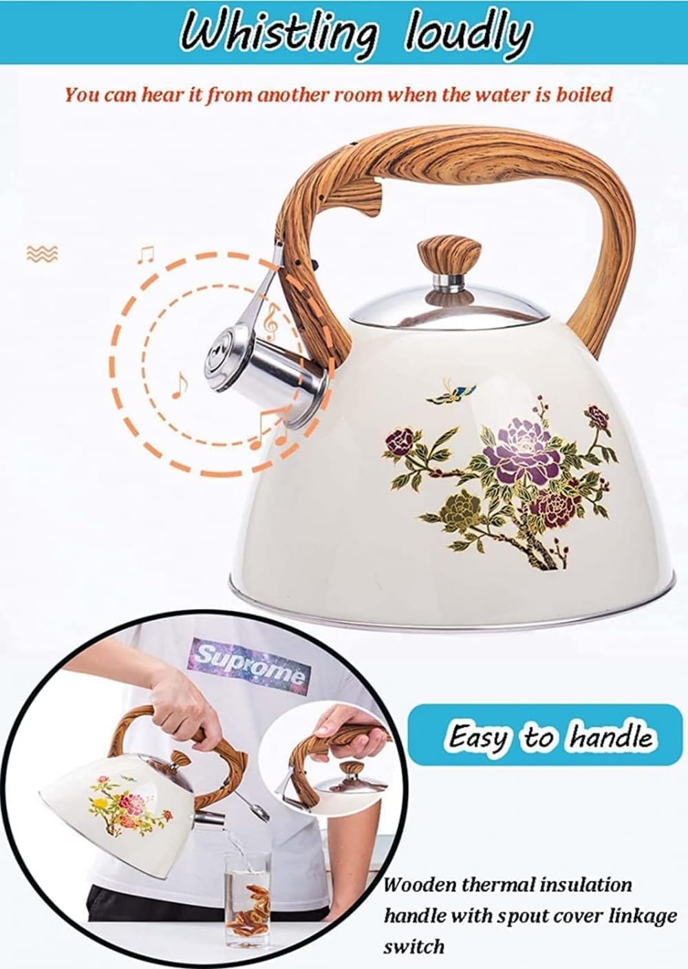 Hervidor de camping con silbato, Tetera con silbido de gas 3L, Base Universal que cambia Color acero inoxidable 304