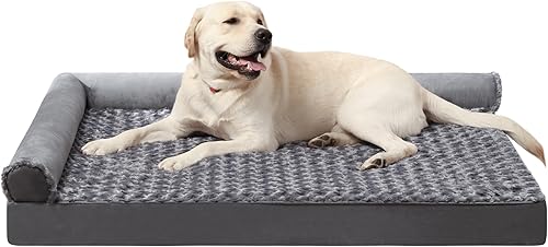 MIHIKK Cama ortopédica para perros de felpa de lujo en forma de L con forro impermeable, sofá para dormir con funda extraíble lavable y parte