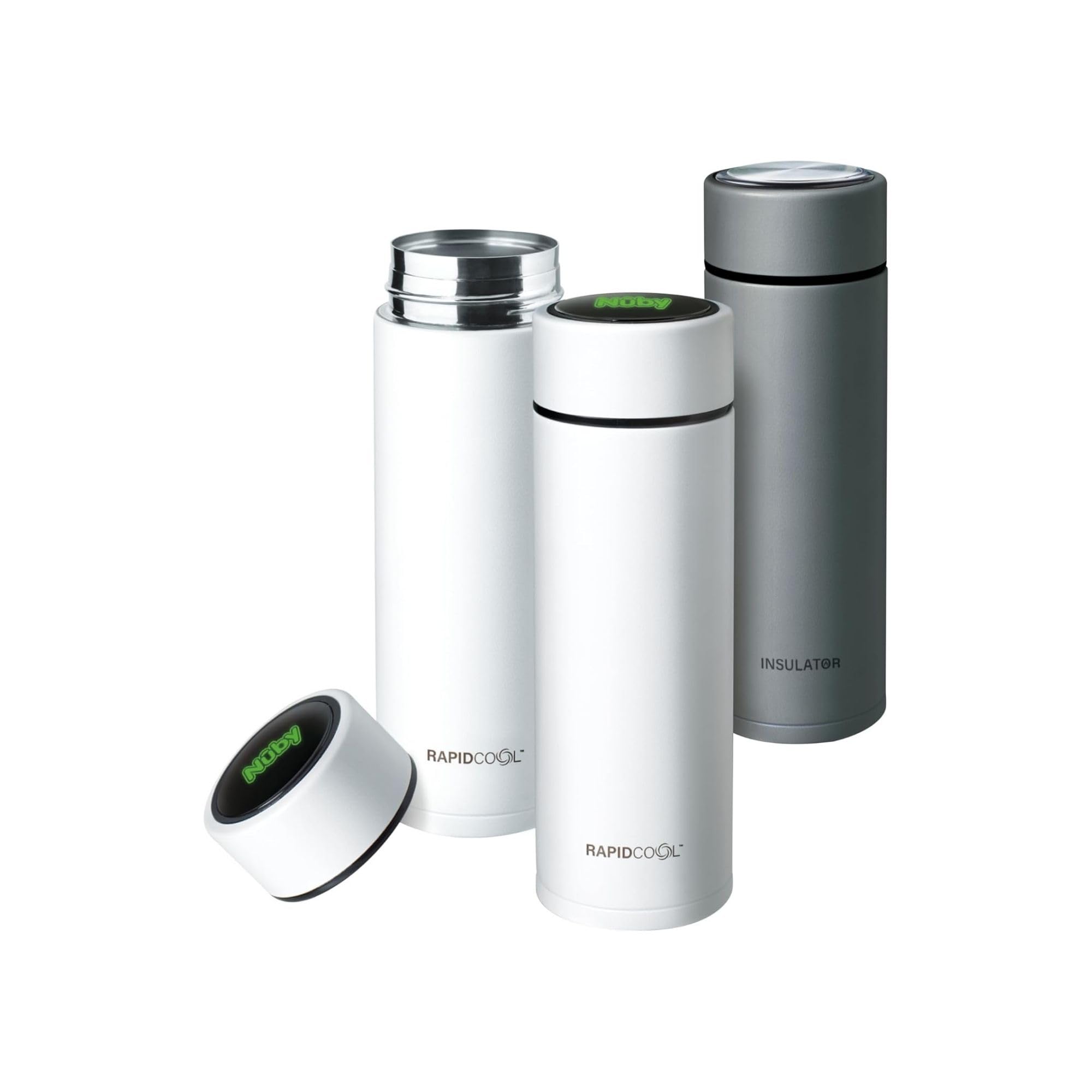 Nuby RapidCool Tragbares Babyflaschen-Herstellungs-Set – Bereiten Sie eine perfekte Formel in 2 Minuten vor, beinhaltet: 2 Rapid Cool's mit 2 digitalen Thermometer-Deckeln, 2 Pulverspender und Flasche