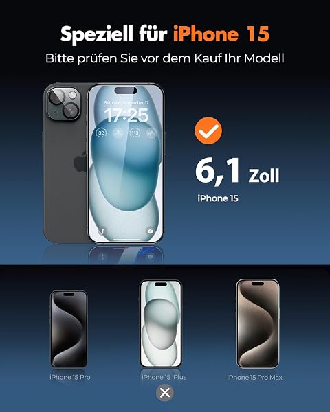 UNBREAKcable Panzerglas Schutzfolie für iPhone 15 (3 Stück) - 3x Displayschutz + 3x Kamera Schutz, 9H Härte, HD Klarheit, Anti-Fingerabdruck, Hüllenfreundlich, 6,1 Zoll - 2