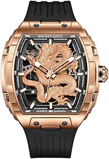 BONEST Gatti Men Automatic Watch Tonneau Mechanical Wristwatch 5ATM Sapphire Luminous Fluororubber Strap Dragon Dial